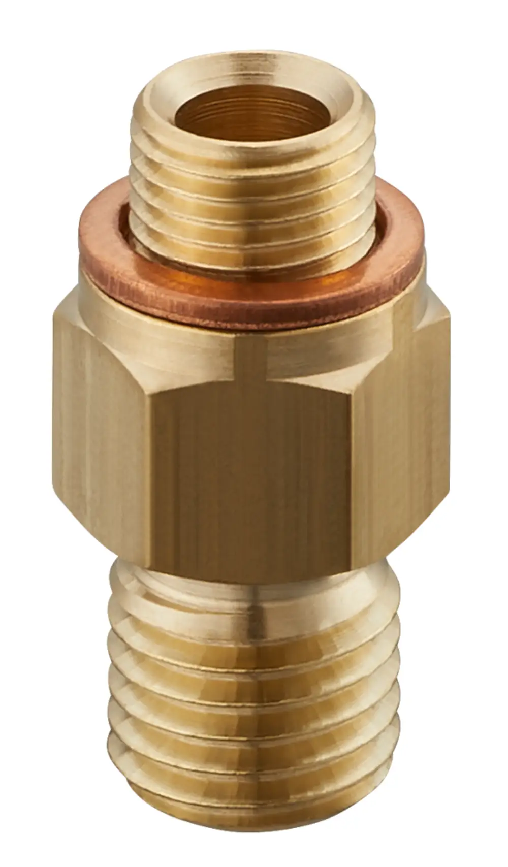 Adapter aus Messing mit Innen- und Außengewinde. Zur Verwendung in Heizungsinstallationen von Oventrop.